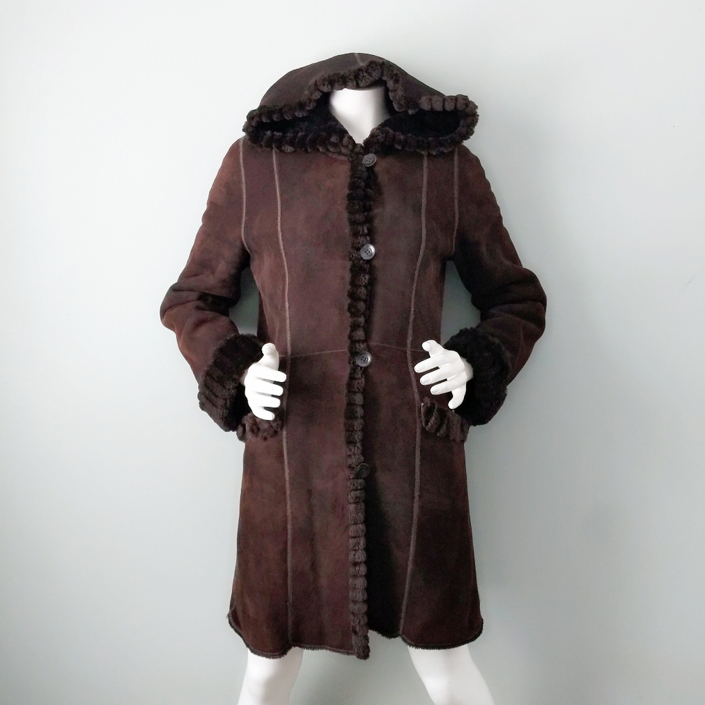 Andrew Elissee Chocolate Shearling Hooded Coat M